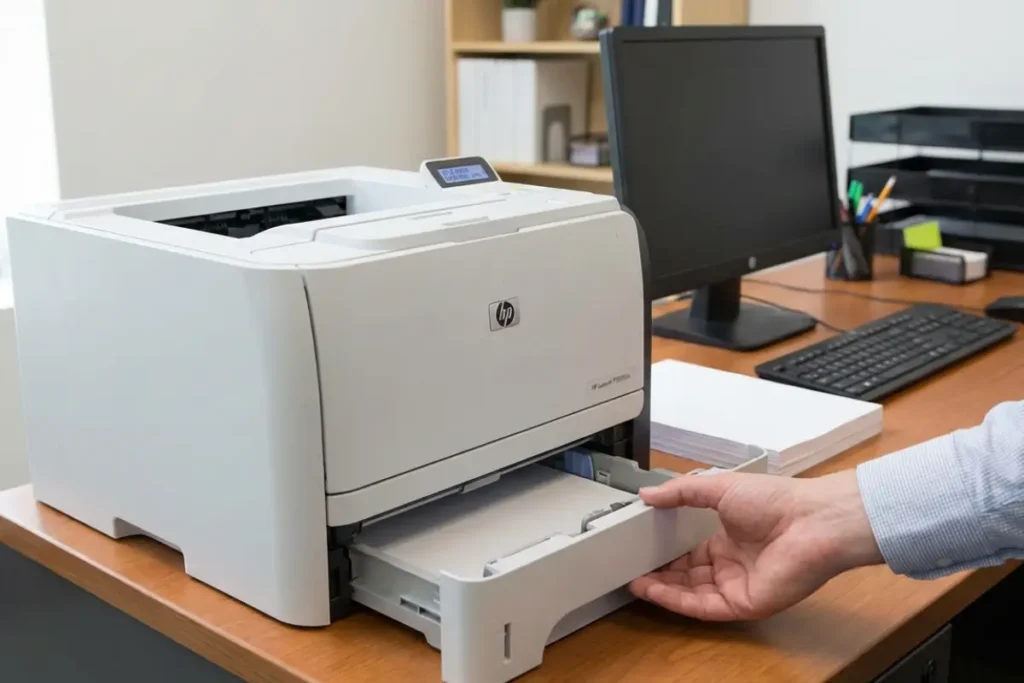 A person's hand pulls out the paper tray of a white HP LaserJet printer on a wooden desk in an office setting.