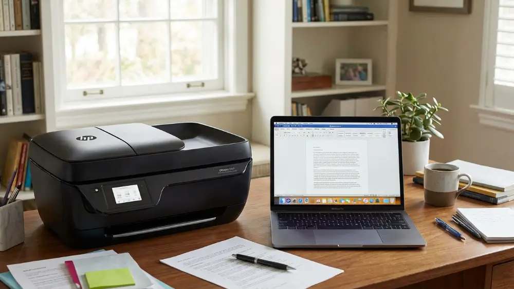 Black HP OfficeJet 3830 printer next to an open MacBook Pro laptop on a wooden desk with papers, pens, a coffee mug, and a plant in a well-lit home office.