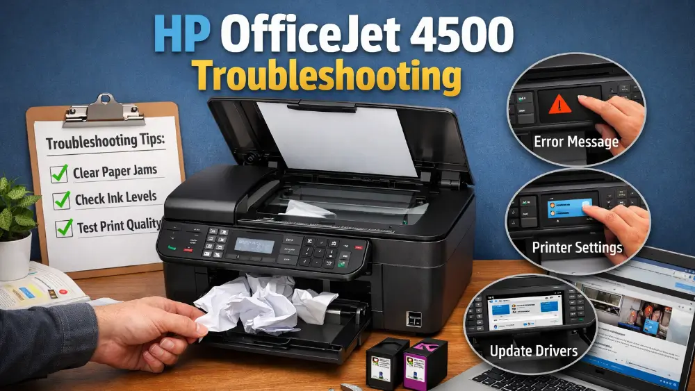 HP OfficeJet 4500 printer on a desk with a paper jam being removed, alongside troubleshooting tips, ink cartridges, tools, and a laptop showing support resources along with the words HP OfficeJet 4500 Troubleshooting at the top.