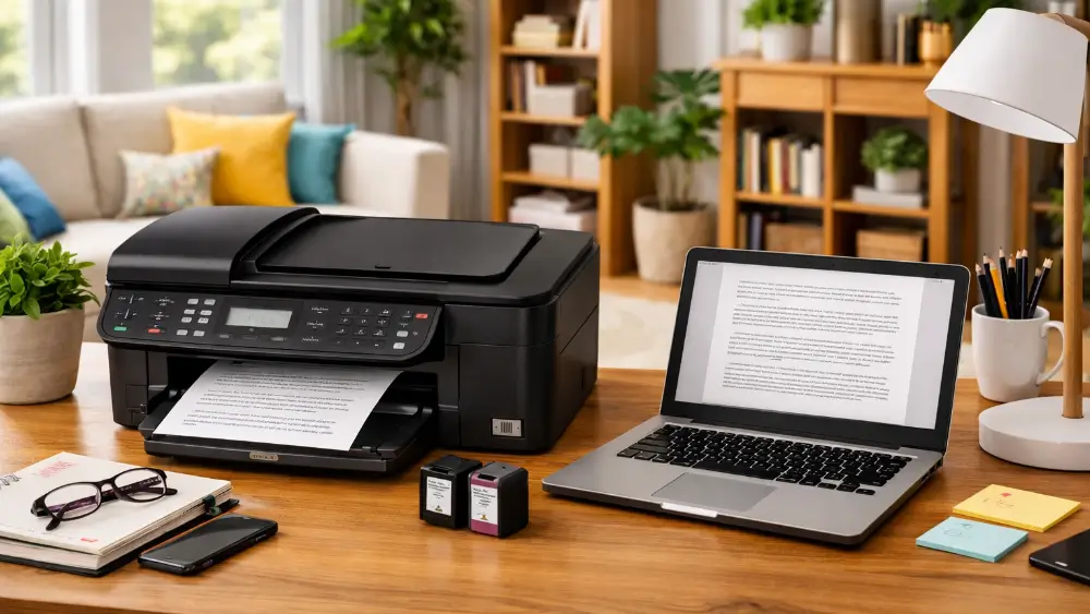HP OfficeJet 4500 printer printing a text document beside a laptop displaying a document on a wooden desk in a bright family home office.