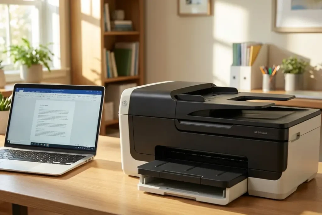 A black and white HP OfficeJet Pro all-in-one printer on a wooden desk next to a laptop displaying a Word document in a brightly lit home office.