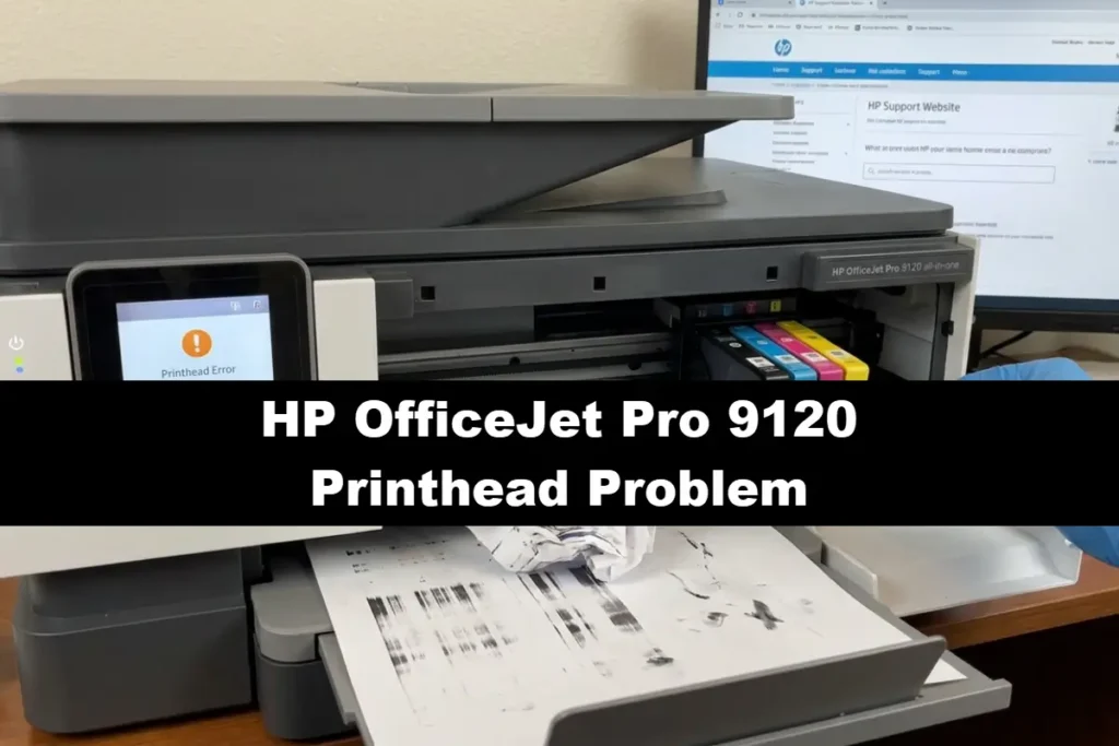 An HP OfficeJet Pro 9120 printer displaying a "Printhead Error" with an orange exclamation icon, while a printed page with black ink streaks sits in the output tray with the phrase HP OfficeJet Pro 9120 Printhead Problem on a black bar in the middle.