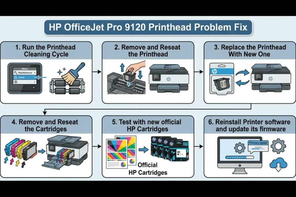 A detailed infographic titled "HP OfficeJet Pro 9120 Printhead Problem Solutions" outlining five color-coded troubleshooting steps: Restart and Power Cycle, Manual Printhead Cleaning, Check and Reseat Printhead, Firmware Updates and Driver Check, and Contact HP Support.