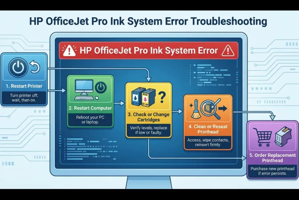 A technical infographic titled "HP OfficeJet Pro Ink System Error Troubleshooting" featuring five steps: Restart Printer, Restart Computer, Check or Change Cartridges, Clean or Reseat Printhead, and Order Replacement Printhead.