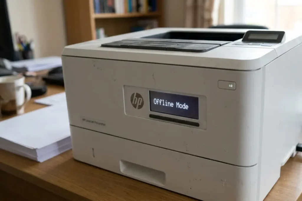 A white HP LaserJet Pro printer sitting on a wooden desk with its integrated display panel showing the text "Offline Mode".