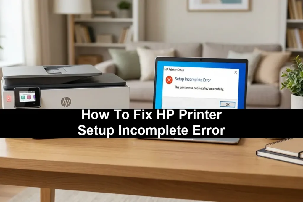 An HP OfficeJet printer on a wooden desk next to a laptop displaying a "Setup Incomplete Error" message stating the printer was not installed successfully with the phrase How To Fix HP Printer Setup Incomplete Error on a black bar in the middle.