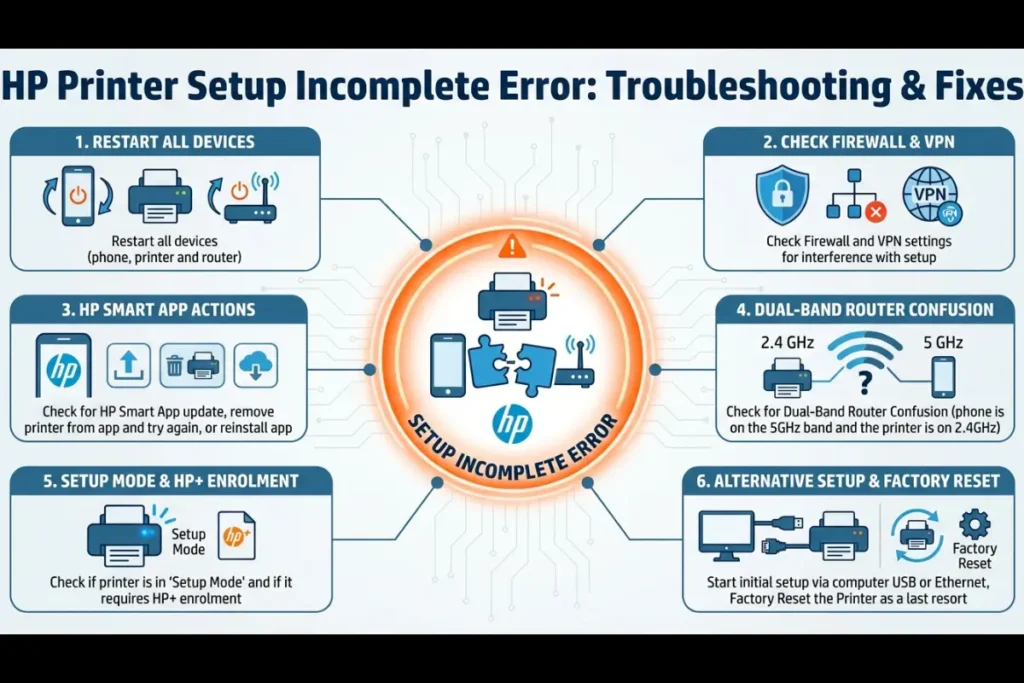 A troubleshooting infographic for "HP Printer Setup Incomplete Error" detailing six steps: Restart All Devices, Check Firewall & VPN, HP Smart App Actions, Dual-Band Router Confusion, Setup Mode & HP+ Enrolment, and Alternative Setup & Factory Reset.