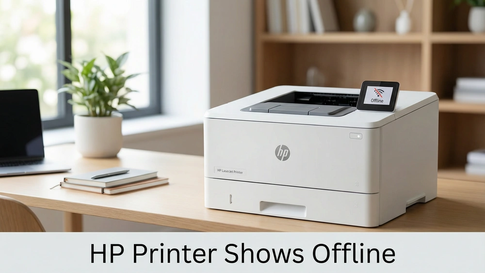 Modern HP printer displaying an 'Offline' status on its screen in a home office setting, with the text 'HP Printer Shows Offline' at the bottom.