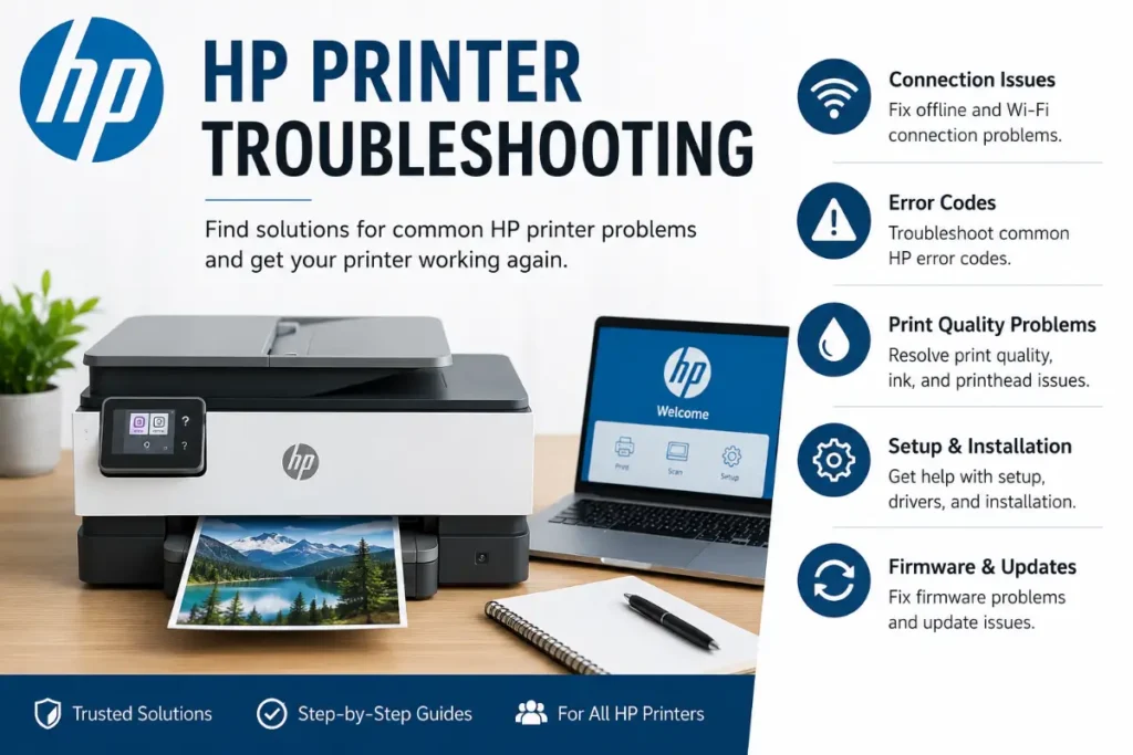 A technical infographic banner titled "HP PRINTER TROUBLESHOOTING" showing an HP all-in-one printer printing a landscape photo next to a laptop, with five highlighted problem categories: Connection Issues, Error Codes, Print Quality Problems, Setup & Installation, and Firmware & Updates.