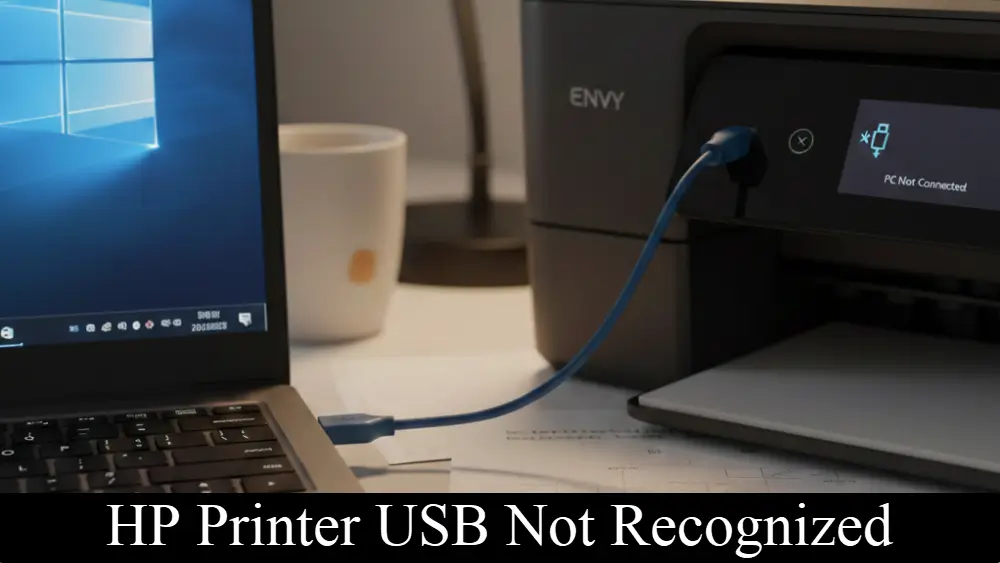 A laptop connected to an HP Envy printer via a blue USB cable on a desk, with the printer screen displaying a "PC Not Connected" error message.