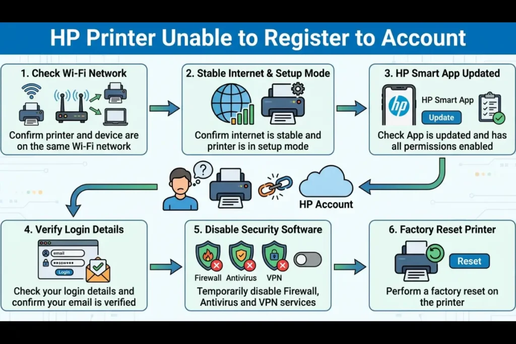 A troubleshooting infographic for "HP Printer Unable to Register to Account" featuring six steps: Check Wi-Fi Network, Stable Internet & Setup Mode, HP Smart App Updated, Verify Login Details, Disable Security Software, and Factory Reset Printer.