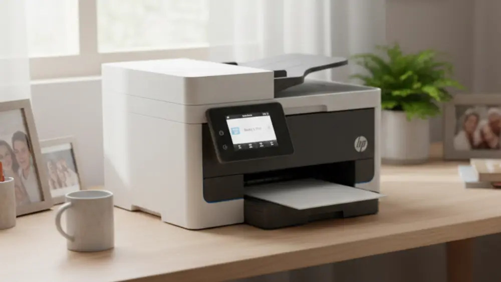 An HP all-in-one printer sitting on a light wood desk in a bright, cozy home office with family photos and a window in the background.