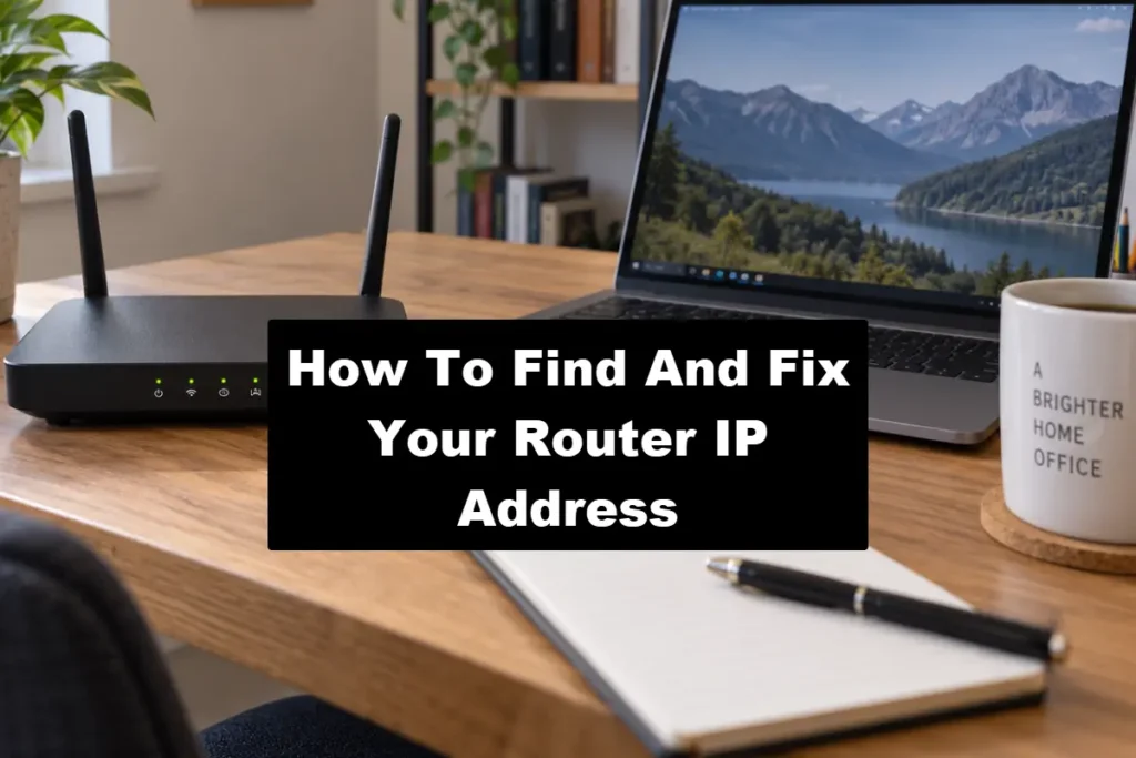A black Wi-Fi router with dual antennas and active green LED lights sitting on a wooden desk next to an open laptop, notepad, pen, and coffee mug, with a text overlay reading "How To Find And Fix Your Router IP Address" across the middle.