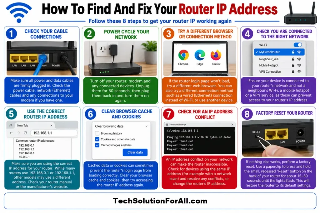A technical networking infographic titled "How To Find And Fix Your Router IP Address" presenting an 8-step guide: Check Your Cable Connections, Power Cycle Your Network, Try a Different Browser or Connection Method, Check You Are Connected to the Right Network, Use the Correct Router IP Address, Clear Browser Cache and Cookies, Check for an IP Address Conflict, and Factory Reset Your Router.