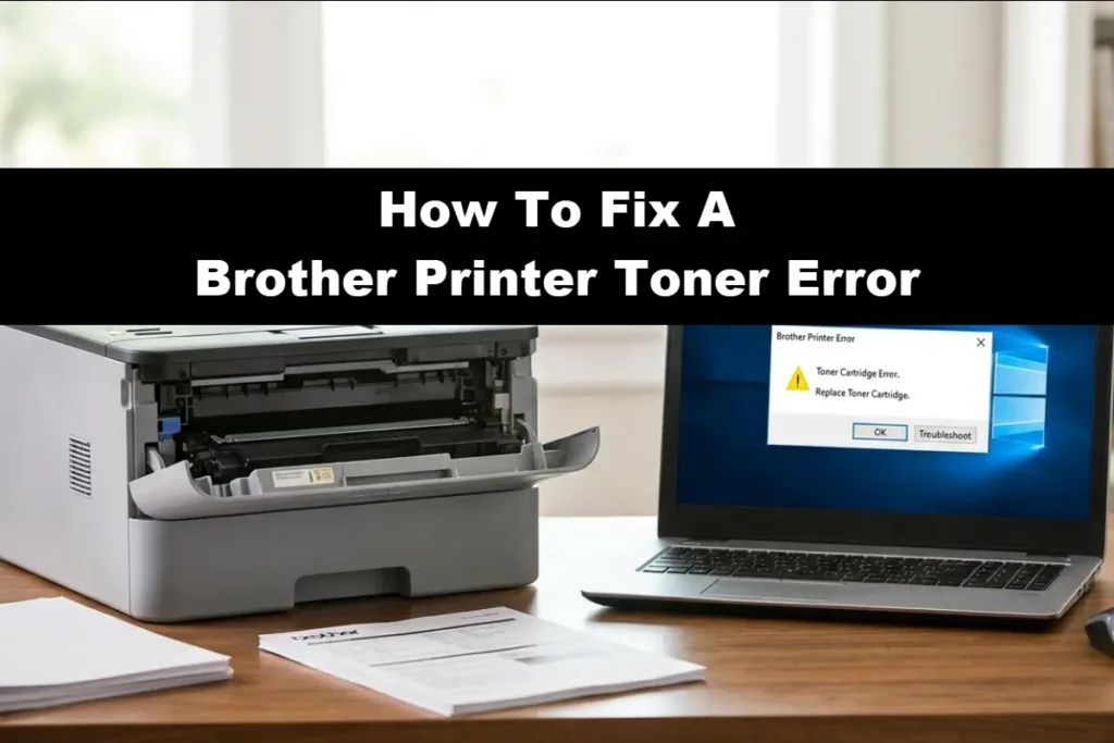 A Brother laser printer with its front toner compartment door open sits on a wooden desk next to a laptop displaying a "Brother Printer Error: Toner Cartridge Error. Replace Toner Cartridge." pop-up window with a text overlay saying "How To Fix A Brother Printer Toner Error" on a black background .