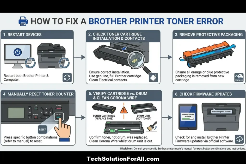 A troubleshooting infographic for "HOW TO FIX A BROTHER PRINTER TONER ERROR" displaying a six-step process: Restart Devices, Check Toner Cartridge Installation & Contacts, Remove Protective Packaging, Manually Reset Toner Counter, Verify Cartridge vs. Drum & Clean Corona Wire, and Check Firmware Updates.