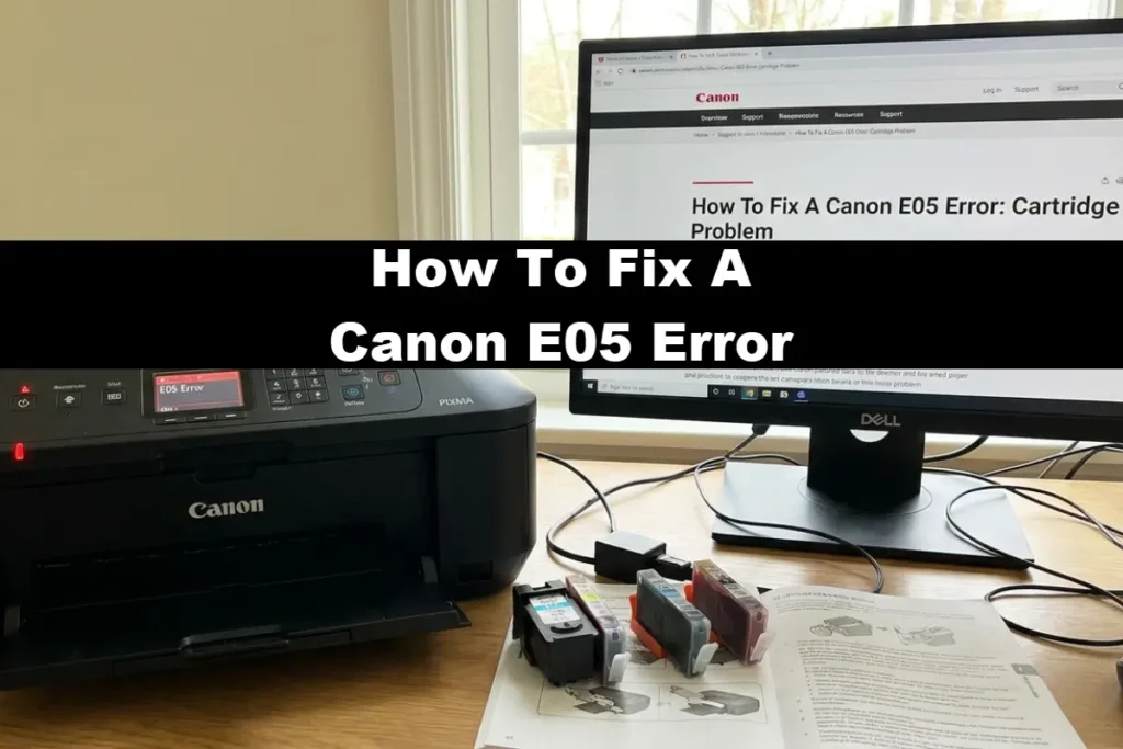 A black Canon PIXMA printer displaying an "E05 Error" screen sits on a desk next to loose ink cartridges and a DELL computer monitor showing a Canon support webpage titled "How To Fix A Canon E05 Error: Cartridge Problem."