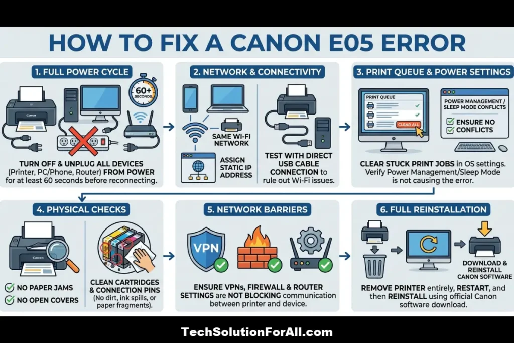 A troubleshooting infographic for "HOW TO FIX A CANON E05 ERROR" showing a six-step process: Full Power Cycle, Network & Connectivity, Print Queue & Power Settings, Physical Checks, Network Barriers, and Full Reinstallation.
