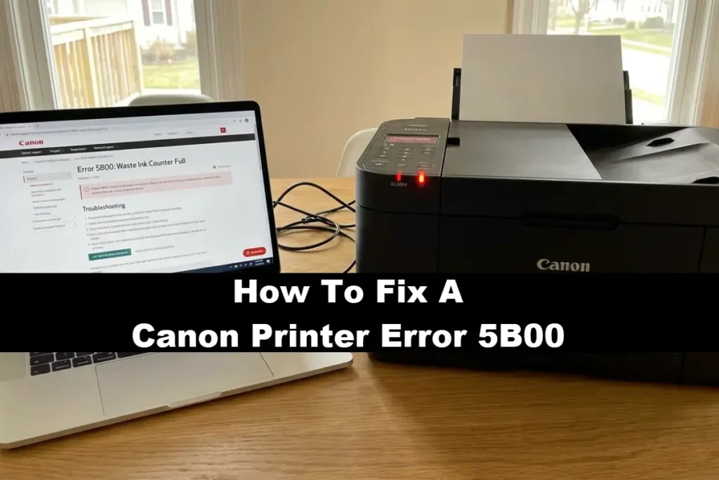 A black Canon inkjet printer with flashing red alarm lights sits on a wooden table next to a laptop displaying a Canon troubleshooting web page titled "Error 5B00: Waste Ink Counter Full" and the phrase "How To Fix A Canon Printer Error 5B00" on a black bar in the middle.