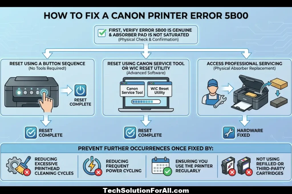 A troubleshooting infographic for "How to Fix a Canon Printer Error 5B00" outlining three repair paths: Reset Using a Button Sequence, Reset Using Canon Service Tool or WIC Reset Utility, and Access Professional Servicing, followed by prevention tips.