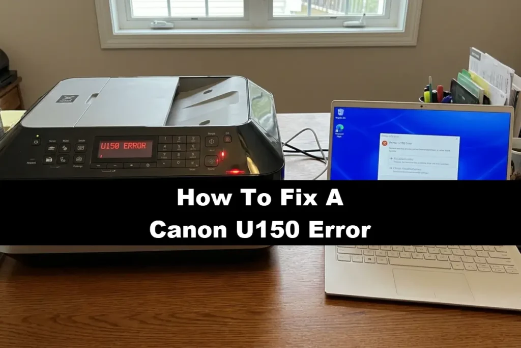 A Canon PIXMA printer displaying a "U150 Error" message on its screen sits on a desk next to a computer monitor showing a technical error with a text overlay titled "How To Fix A Canon U150 Error."
