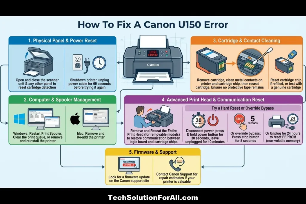 A technical troubleshooting infographic for "How To Fix A Canon U150 Error" detailing a five-step process: Physical Panel & Power Reset, Computer & Spooler Management, Cartridge & Contact Cleaning, Advanced Print Head & Communication Reset, and Firmware & Support.