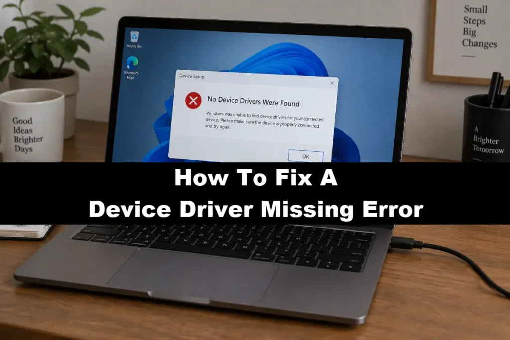 A Windows laptop on a wooden desk displaying a "Device Setup: No Device Drivers Were Found" error dialogue box with a black USB cable plugged in, overlaid with the text "How To Fix A Device Driver Missing Error" across the middle.