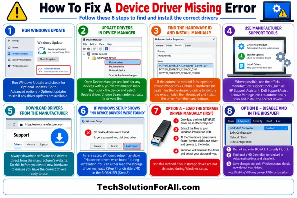 How To Fix A Device Driver Missing Error Infographic A technical troubleshooting infographic titled "How To Fix A Device Driver Missing Error" presenting an 8-step guide: Run Windows Update, Update Drivers in Device Manager, Find the Hardware ID and Install Manually, Use Manufacturer Support Tools, Download Drivers from the Manufacturer, If Windows Setup Shows "No Device Drivers Were Found", Option A - Load the Storage Driver Manually (IRST), and Option B - Disable VMD in the BIOS/UEFI.