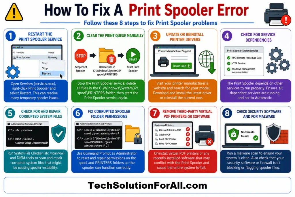 A technical troubleshooting infographic titled "How To Fix A Print Spooler Error" displaying an 8-step process: Restart the Print Spooler Service, Clear the Print Queue Manually, Update or Reinstall Printer Drivers, Check for Service Dependencies, Check for and Repair Corrupted System Files, Fix Corrupted Spooler Folder Permissions, Remove Third-Party Virtual PDF Printers or Software, and Check Security Software and for Malware.