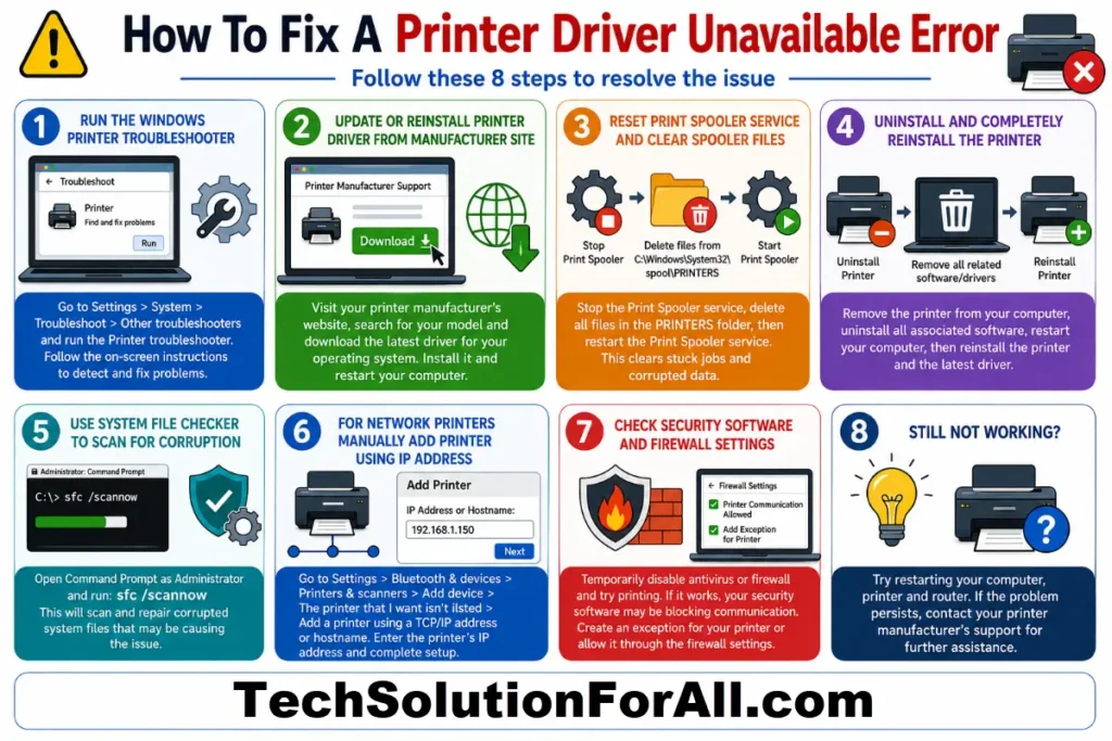 A technical troubleshooting infographic titled "How To Fix A Printer Driver Unavailable Error" displaying an 8-step process: Run the Windows Printer Troubleshooter, Update or Reinstall Printer Driver from Manufacturer Site, Reset Print Spooler Service and Clear Spooler Files, Uninstall and Completely Reinstall the Printer, Use System File Checker to Scan for Corruption, For Network Printers Manually Add Printer Using IP Address, Check Security Software and Firewall Settings, and Still Not Working.