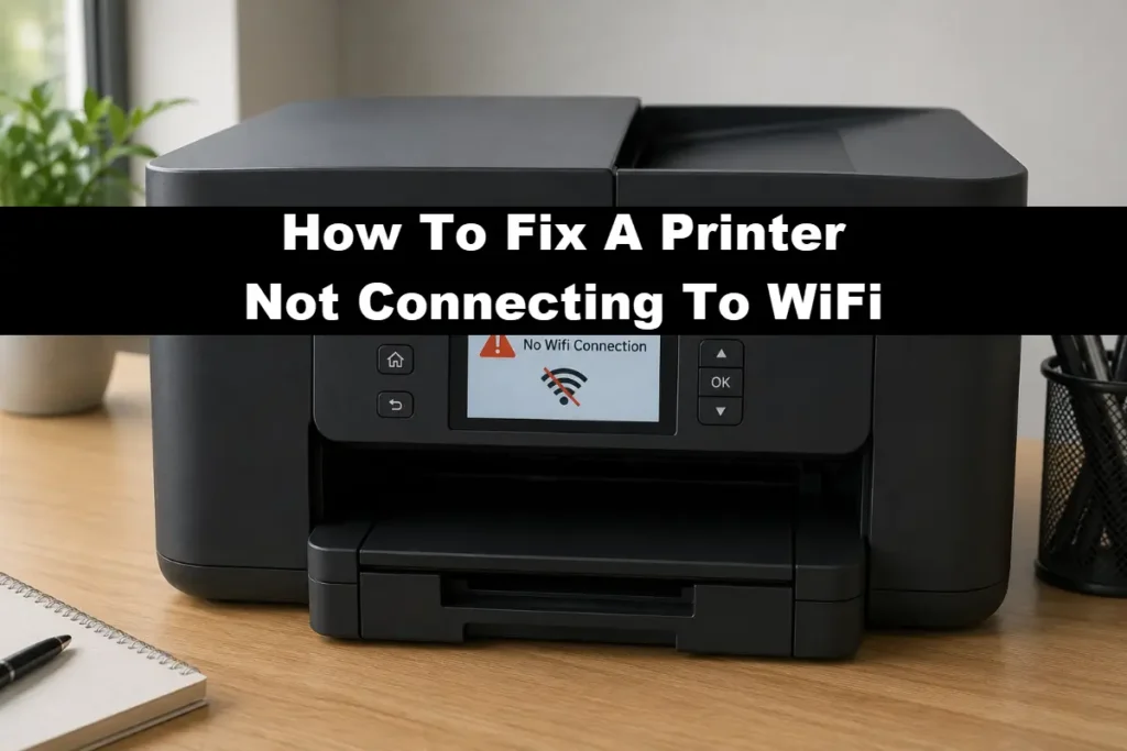 A black desktop inkjet printer displaying a "No Wifi Connection" alert with a crossed-out Wi-Fi icon on its built-in digital screen, positioned on a wooden desk with a text overlay reading "How To Fix A Printer Not Connecting To WiFi" across the middle.