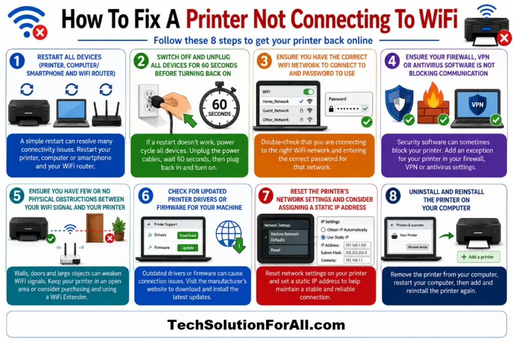 A technical troubleshooting infographic titled "How To Fix A Printer Not Connecting To WiFi" displaying an 8-step process: Restart All Devices, Switch Off and Unplug All Devices for 60 Seconds, Ensure You Have the Correct WiFi Network and Password, Ensure Your Firewall, VPN or Antivirus Software Is Not Blocking Communication, Ensure Few or No Physical Obstructions, Check for Updated Printer Drivers or Firmware, Reset the Printer's Network Settings and Assign a Static IP Address, and Uninstall and Reinstall the Printer on Your Computer.
