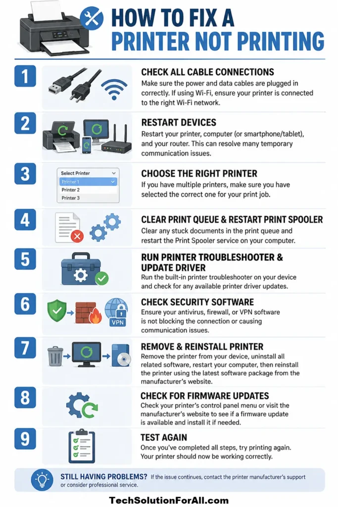 A technical troubleshooting infographic titled "HOW TO FIX A PRINTER NOT PRINTING" displaying a numbered 9-step guide: Check All Cable Connections, Restart Devices, Choose the Right Printer, Clear Print Queue & Restart Print Spooler, Run Printer Troubleshooter & Update Driver, Check Security Software, Remove & Reinstall Printer, Check for Firmware Updates, and Test Again.