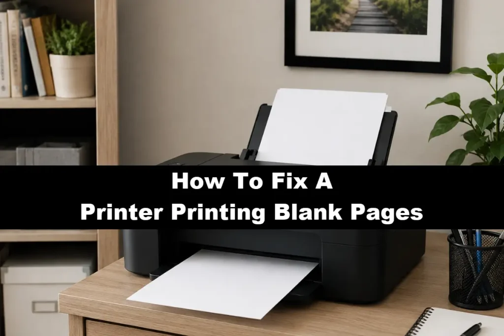 A black desktop inkjet printer feeding and outputting a completely blank white sheet of paper on a wooden desk, with a text overlay reading "How To Fix A Printer Printing Blank Pages" along the middle.