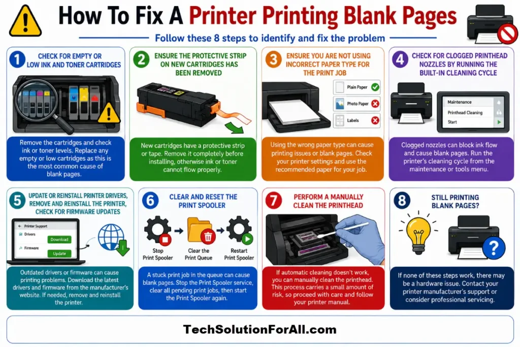 A technical troubleshooting infographic titled "How To Fix A Printer Printing Blank Pages" displaying an 8-step process: Check for Empty or Low Ink and Toner Cartridges, Ensure the Protective Strip on New Cartridges Has Been Removed, Ensure You Are Not Using Incorrect Paper Type for the Print Job, Check for Clogged Printhead Nozzles by Running the Built-In Cleaning Cycle, Update or Reinstall Printer Drivers / Check for Firmware Updates, Clear and Reset the Print Spooler, Perform a Manually Clean the Printhead, and Still Printing Blank Pages.