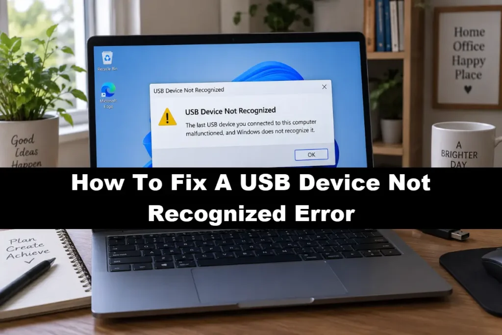 A Windows laptop on a wooden desk displaying a "USB Device Not Recognized: The last USB device you connected to this computer malfunctioned, and Windows does not recognize it" error notification with a text overlay reading "How To Fix A USB Device Not Recognized Error."