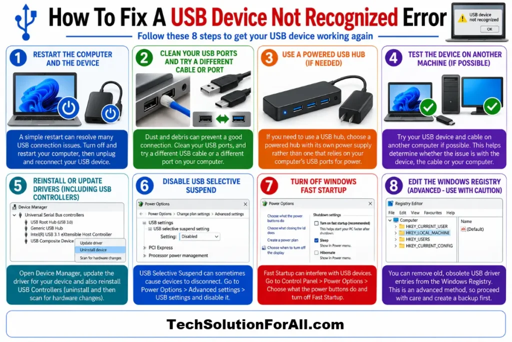A technical troubleshooting infographic titled "How To Fix A USB Device Not Recognized Error" outlining an 8-step process: Restart the Computer and the Device, Clean Your USB Ports and Try a Different Cable or Port, Use a Powered USB Hub (If Needed), Test the Device on Another Machine (If Possible), Reinstall or Update Drivers (Including USB Controllers), Disable USB Selective Suspend, Turn Off Windows Fast Startup, and Edit the Windows Registry (Advanced - Use with Caution).