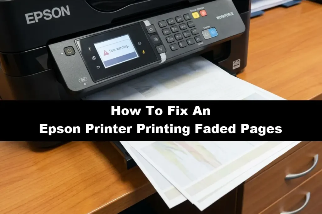 An Epson WorkForce printer on a wooden desk showing a "Low warning" alert on its display screen as a faded document prints out and the phrase "How To Fix An Epson Printer Printing Faded Pages" on a black bar in the middle.