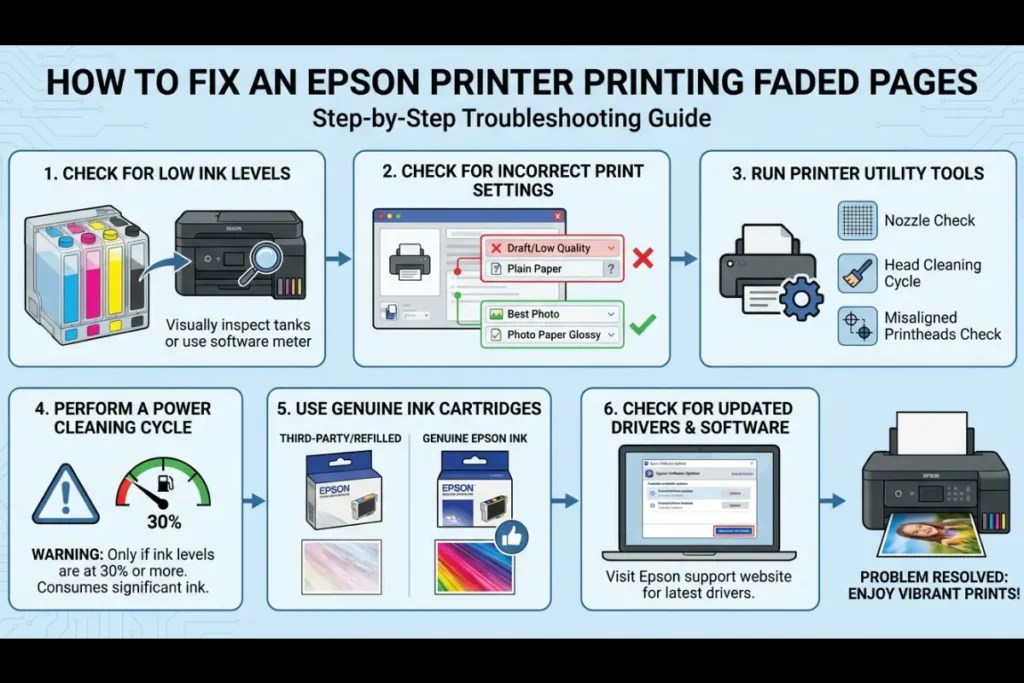 A troubleshooting infographic for "How to Fix an Epson Printer Printing Faded Pages" featuring six steps: Check for Low Ink Levels, Check for Incorrect Print Settings, Run Printer Utility Tools, Perform a Power Cleaning Cycle, Use Genuine Ink Cartridges, and Check for Updated Drivers & Software.