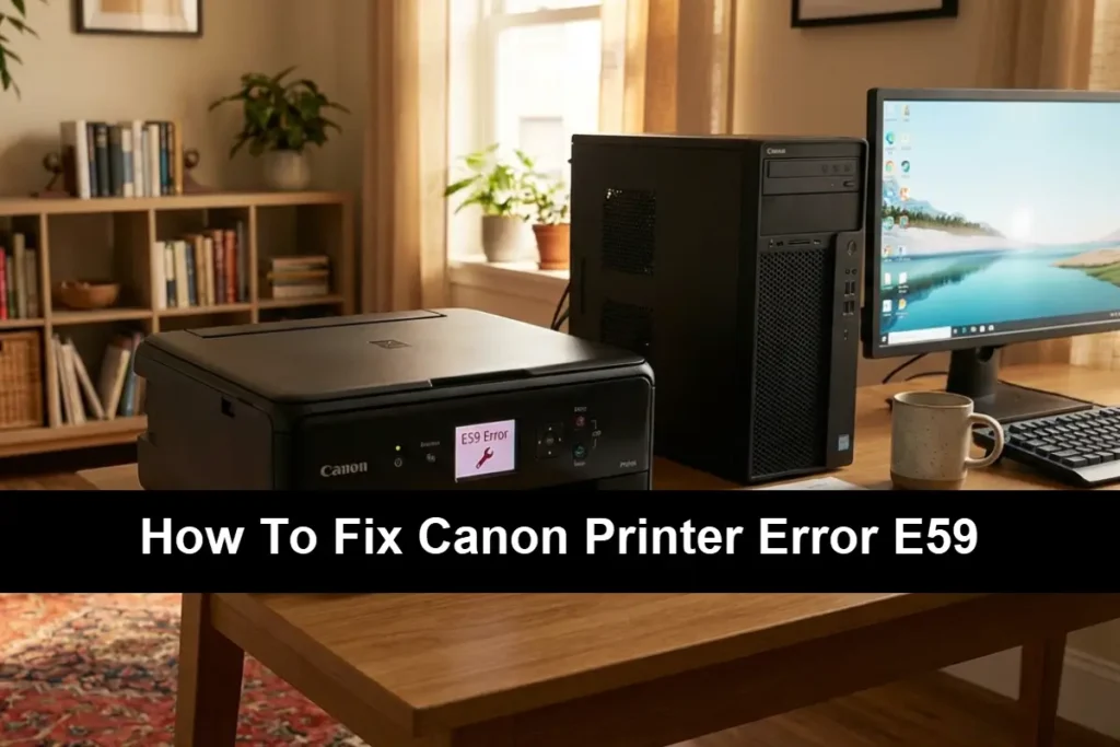 A black Canon inkjet printer on a wooden desk showing an "E59 Error" with a wrench icon on its display screen next to a desktop computer with the phrase How to Fix Canon Printer Error E59 on a black bar in the middle.