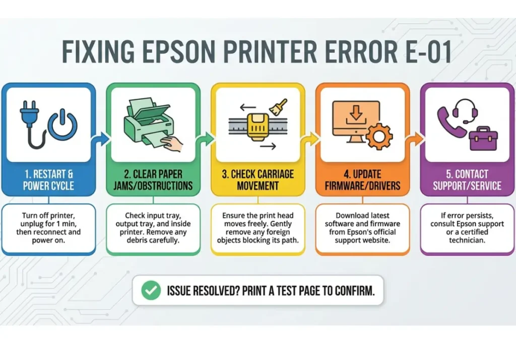 An infographic titled "Fixing Epson Printer Error E-01" featuring five color-coded steps: Restart & Power Cycle, Clear Paper Jams/Obstructions, Check Carriage Movement, Update Firmware/Drivers, and Contact Support/Service.