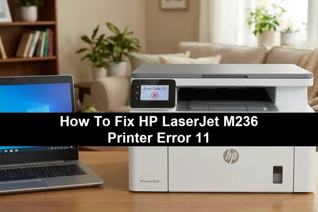 A white HP LaserJet M236 printer on a wooden desk displaying "Error Code 11" with a red "X" on its control panel next to an open laptop with the phrase How To Fix HP LaserJet M236 Printer Error 11 on a black bar in the middle.