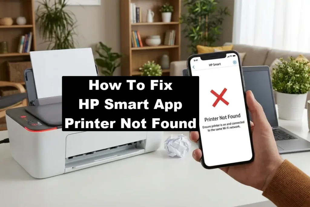 A hand holding a smartphone showing a "Printer Not Found" error screen in the HP Smart app next to a white HP DeskJet printer on a desk with the phrase "How To Fix HP Smart App Printer Not Found" on a black bar in the middle.