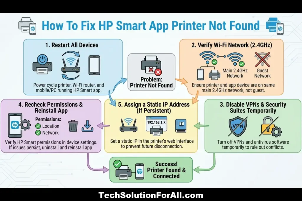 A troubleshooting infographic for "How To Fix HP Smart App Printer Not Found" featuring five color-coded steps: Restart All Devices, Verify Wi-Fi Network (2.4GHz), Disable VPNs & Security Suites Temporarily, Recheck Permissions & Reinstall App, and Assign a Static IP Address.