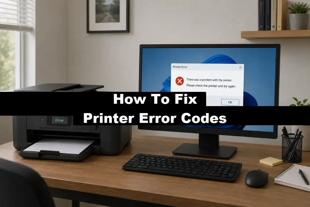 A black desktop printer displaying "Error" on its built-in screen sits on a wooden desk next to a Windows computer showing a "Printer Error: There was a problem with the printer" popup message, with a text overlay reading "How To Fix Printer Error Codes."