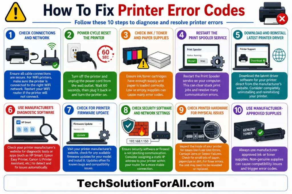 A technical troubleshooting infographic titled "How To Fix Printer Error Codes" displaying a 10-step process: Check Connections and Network, Power Cycle Reset the Printer, Check Ink / Toner and Paper Supplies, Restart the Print Spooler Service, Download and Reinstall Latest Printer Driver, Use Manufacturer's Diagnostic Software, Check for Printer Firmware Update, Check Security Software and Network Settings, Check Printer Hardware for Physical Issues, and Use Manufacturer-Approved Supplies.
