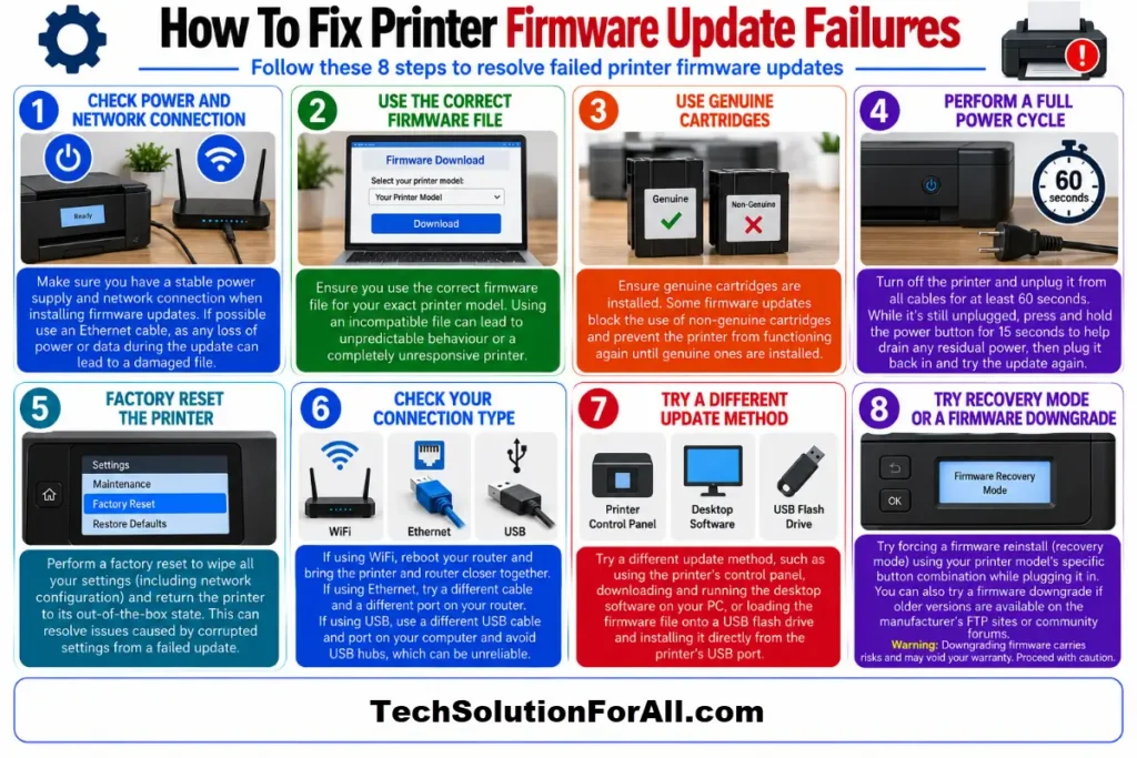 How To Fix Printer Firmware Update Failures Infographic A technical troubleshooting infographic titled "How To Fix Printer Firmware Update Failures" displaying an 8-step process: Check Power and Network Connection, Use the Correct Firmware File, Use Genuine Cartridges, Perform a Full Power Cycle, Factory Reset the Printer, Check Your Connection Type, Try a Different Update Method, and Try Recovery Mode or a Firmware Downgrade.