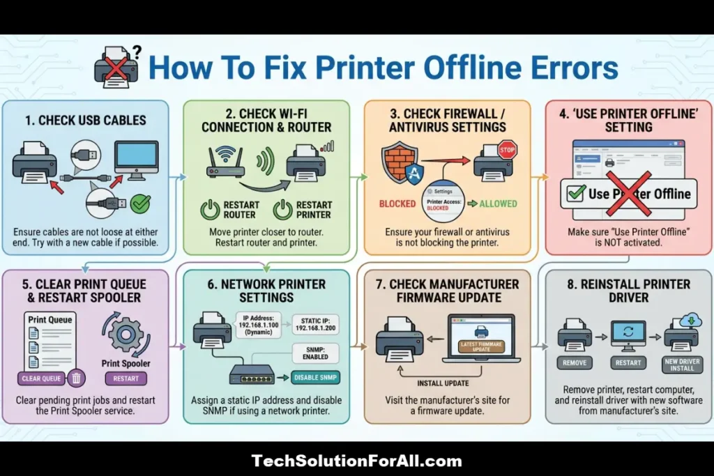 A technical troubleshooting infographic titled "How To Fix Printer Offline Errors" displaying an 8-step process: Check USB Cables, Check Wi-Fi Connection & Router, Check Firewall / Antivirus Settings, 'Use Printer Offline' Setting, Clear Print Queue & Restart Spooler, Network Printer Settings, Check Manufacturer Firmware Update, and Reinstall Printer Driver.
