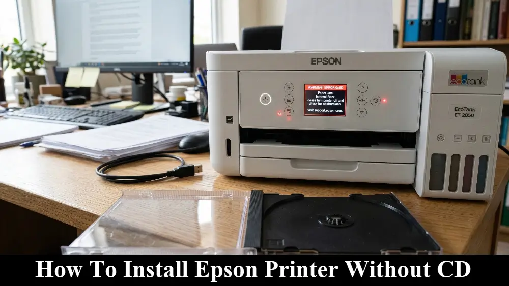 A white Epson EcoTank printer on a wooden desk displaying a red warning error message on its screen, with an open, empty CD jewel case lying flat in the foreground and the words How To Install Epson Printer Without CD on a black bar at the bottom.