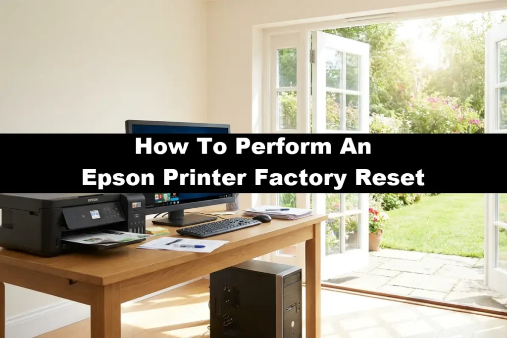 A black Epson printer on a wooden desk next to a desktop computer monitor in a bright room with open French doors, with a text overlay reading "How To Perform An Epson Printer Factory Reset."